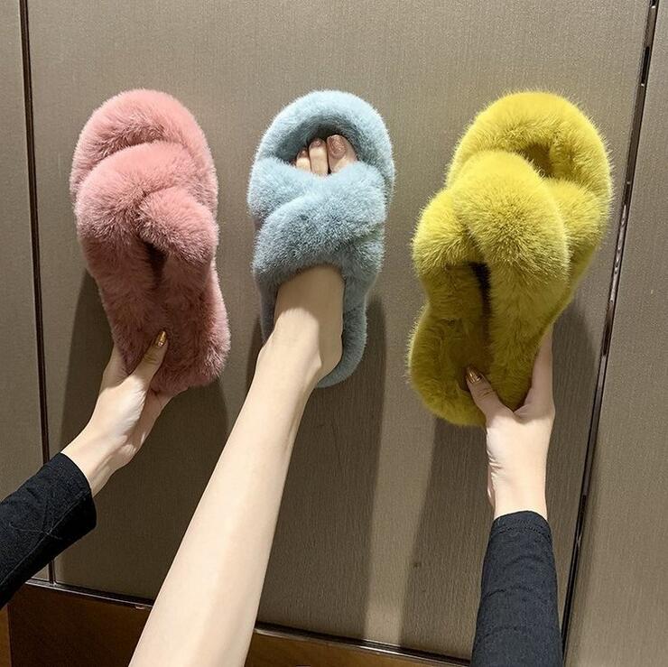 

Fur Slippers Women Rabbit Hair Big Hairy Women's Fashion Casual Open Toe Cross Flip Flop Shoes Autumn And Winter, Black