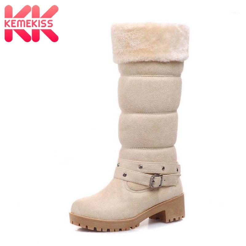 

KemeKiss Winter Knee High Snow Boots Women Plush Fur Keep Warm Cotton Shoes Women High Heels Buckle Platform Boots Size 35-431, Beige