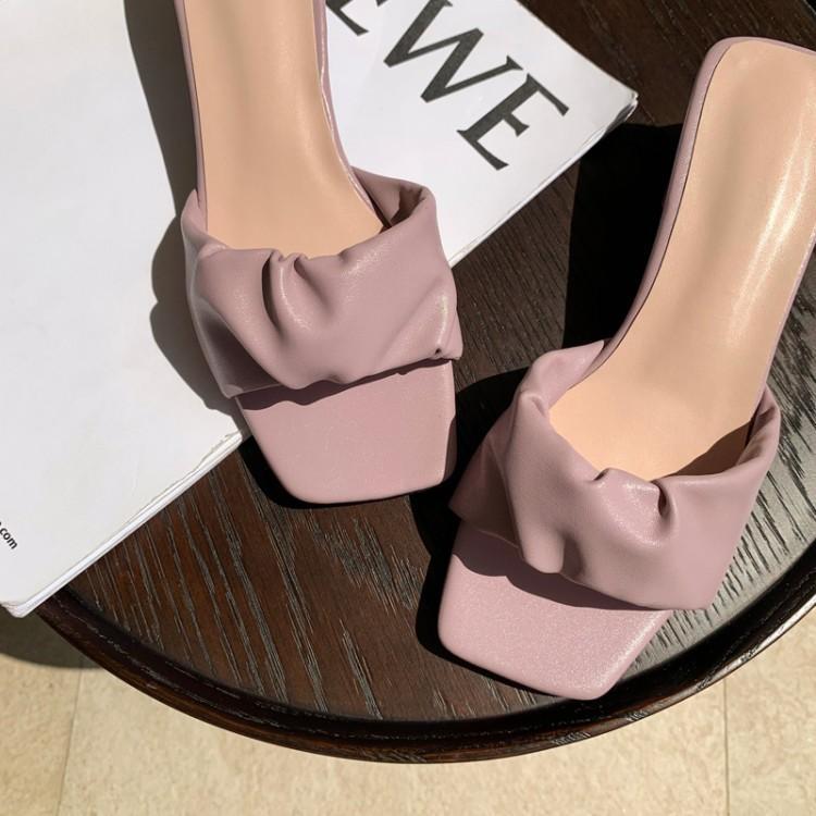 

2021 New Summer Heel Chunky Semi-high Heels Solid Daily Youth Women's Slippers Vvcf, Black