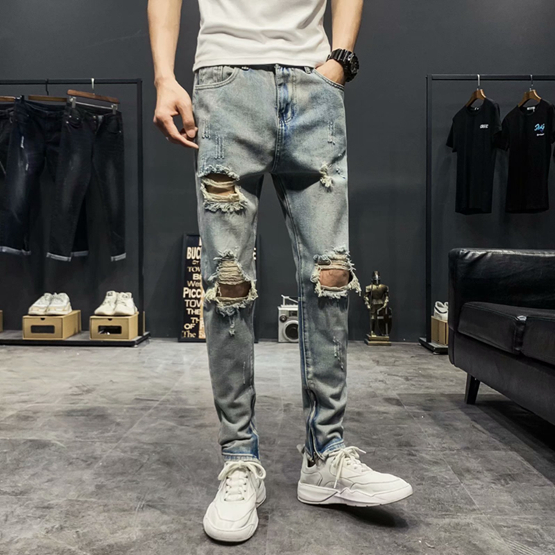 

2021 New Summer Men Classic Fashion Denim Elastic Jeans Hole Thin Fit Quality Pants B9FG, Blue