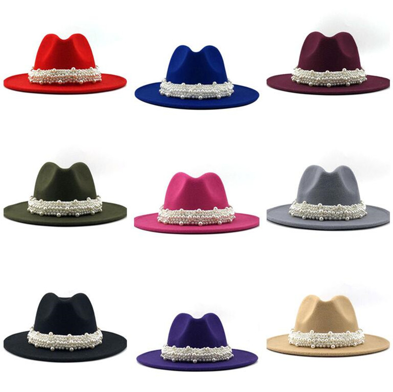 

Fedoras in Bulk Felt Fedora Hat Women Pearl Wide Brim Cap Woman Jazz Panama Caps Lady Formal Hats Trilby Chapeau Female Autumn Winter Fashion Accessories Wholesale, Black