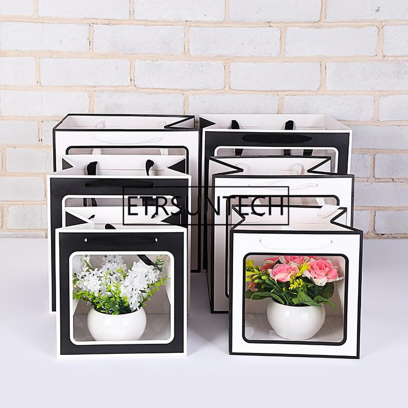 

50pcs Black/White Portable Square Flower Gifts Paper Bag Handheld Transparent Window Gift Package Containers FOR Wedding Party