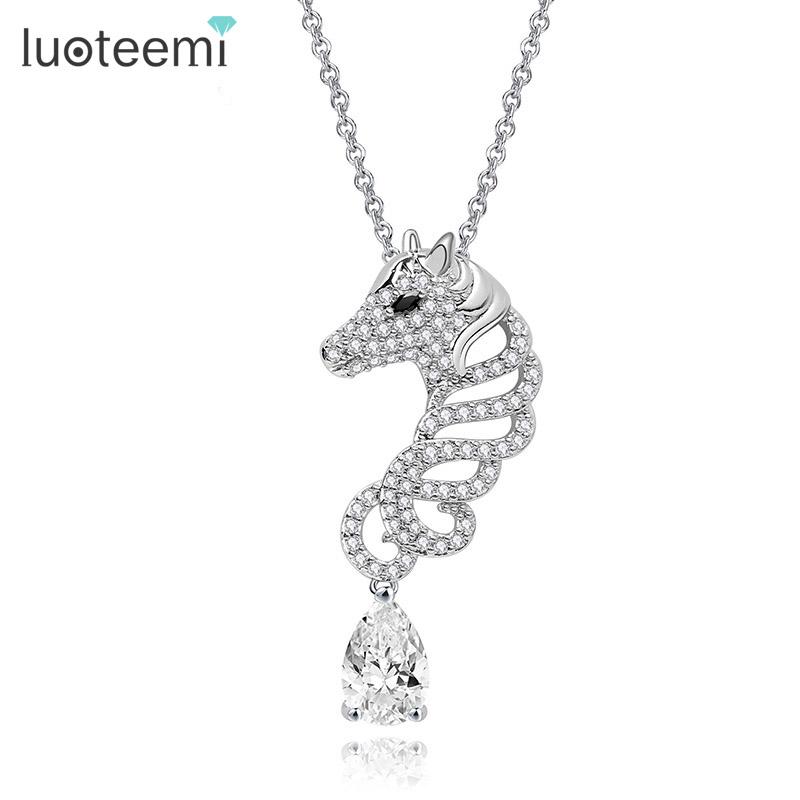 

Chokers LUOTEEMI Wholesale Antique Cute Animal Horse Link Chain Pendant Necklace For Women Luxury Bling White Gold-Color Jewelry 2021
