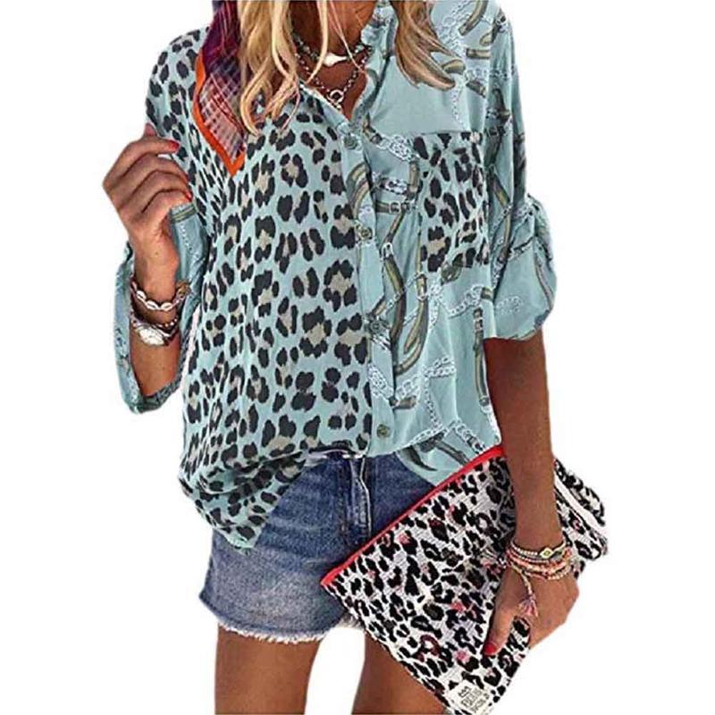 

Spring Women Blouse Adult Casual Stand Up Collar Tunic Tops Splice Leopard Print Daily Elegant Loose Long Sleeve Fashion Button, White