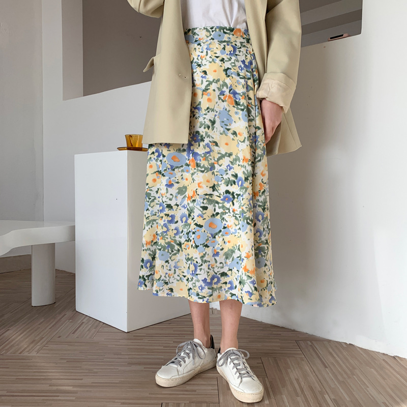 

New 2021 Spring High Floral Waist Vintage Impression the Line Fashion Boho Chiffon Long Faldas Female Jupe Skirt Lg9g, Black
