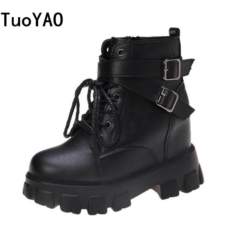 

Ankle Short Boots Women Ladies Strap Autumn Punk Boots Casual Shoes 10cm Wedge Heels Buckle Leather Motorcycle Woman New, White