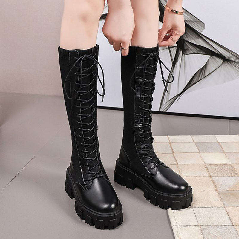 

Rimocy Fashion Black Patent Leather Platform Long Boots Women Thick Heels Knee High Booties Woman Front Lace Up Botas Female