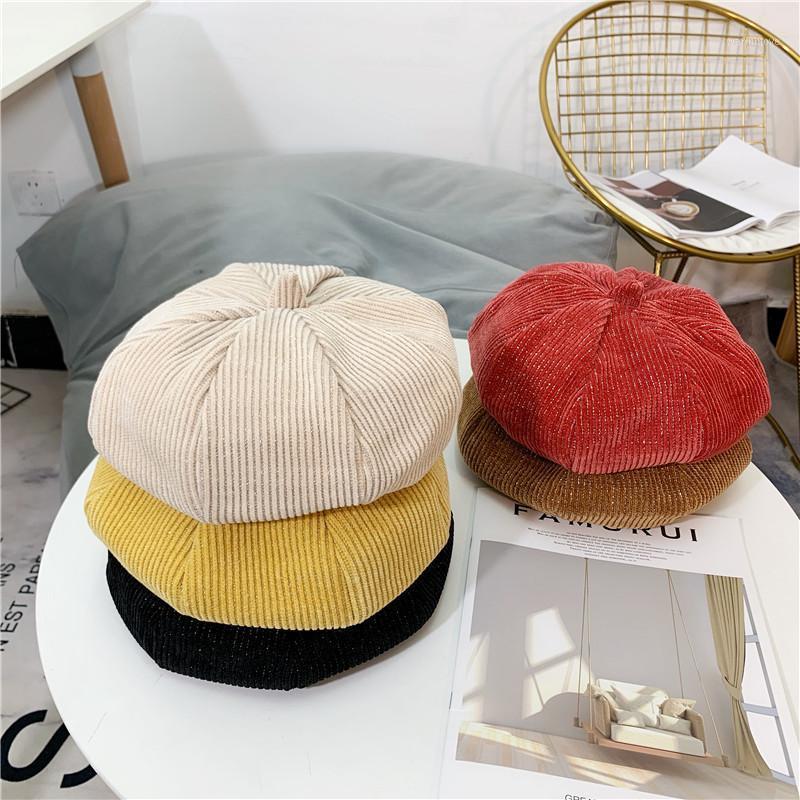 

202010-shi9372 autumn spring Star style corduroy Pumpkin hat lady beret hat men women Leisure painter cap1, Black