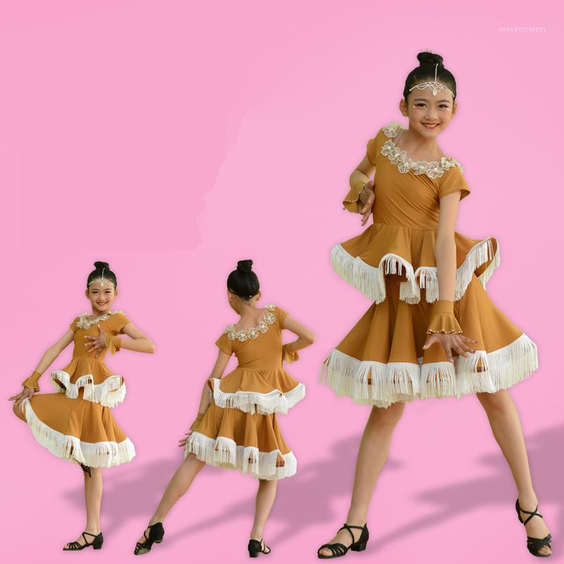 

New Latin dance performance clothing children's costumes double tassel dance clothing competition new clothes1, Coffee color