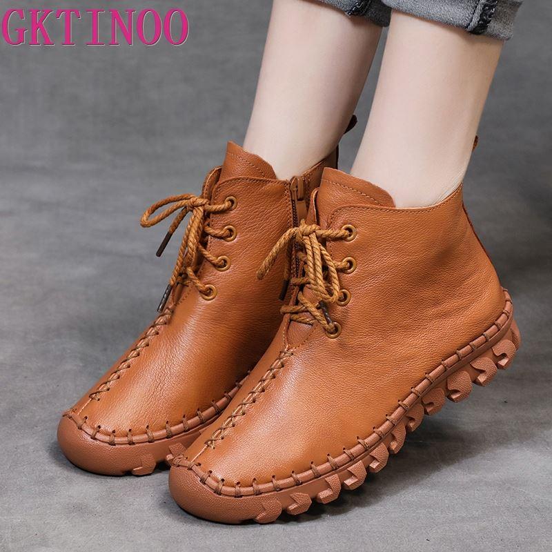 

GKTINOO Winter Ankle Boots Women Genuine Leather Shoes Woman Autumn Rubber Boots Female Lace-Up Shoes Flat with Fur Botas Mujer, 6882 brown plush