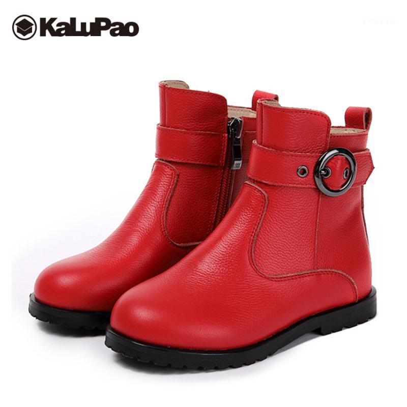 

Kalupao black genuine leather boots girl short snow boots girls velvet lining red flat winter fur rubber kids girls1