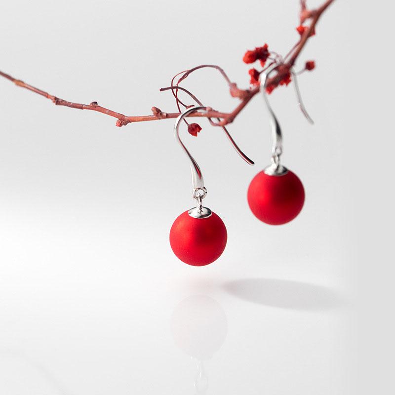 

Red Ball Drop Earrings s925 Sterling Silver Boho Jewelry French Earrings Minimalism Brincos Pendientes for Women