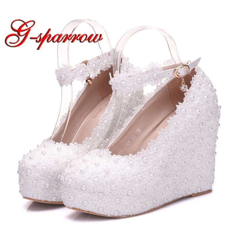 

White Lace Wedding Shoes Wedge Heel Single Lady Shoes with Buckle Straps 3cm Platforms Women Pumps Party Prom High Heels, Pink 11cm heels