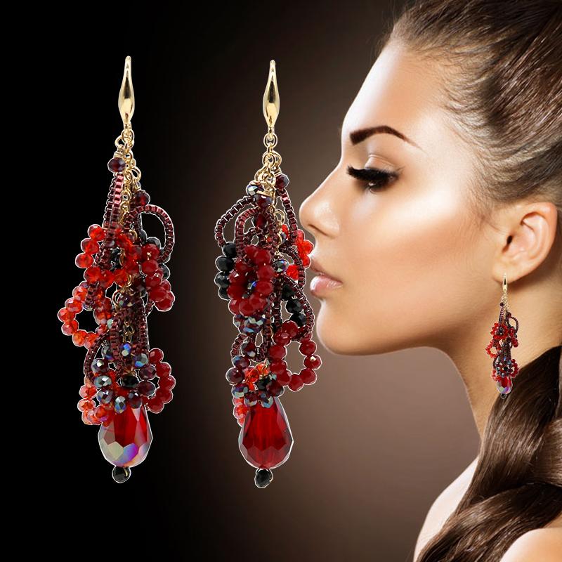 

Dangle & Chandelier Trendy Handmade Red Crystal Beaded Drop Long Earrings For Women Wedding Party Christmas Gift Jewelry