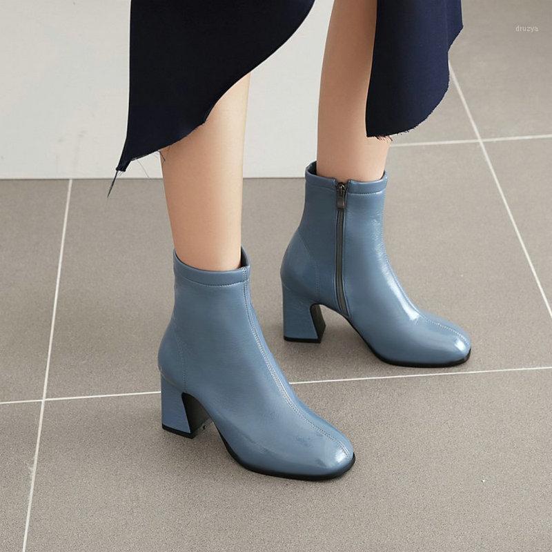 

2020 winter fall new blue beige ladies shoes solid color block high heels zipper womens ankle boots fashion booties size 34-441, Black