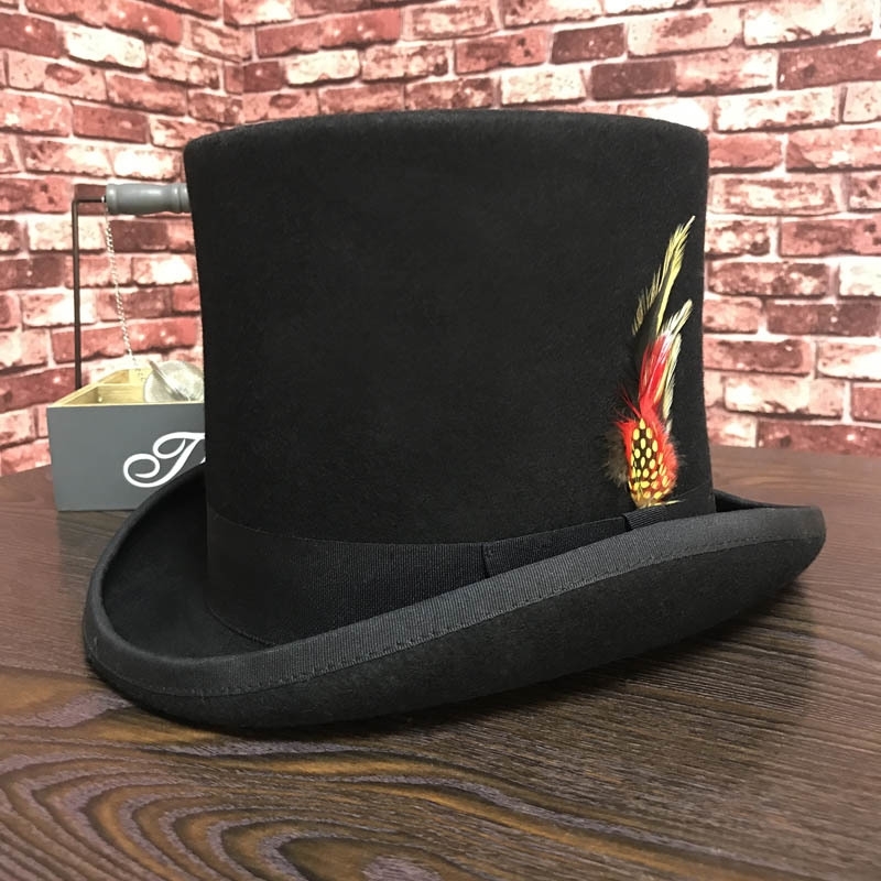 

Black Men Woolen Fedora Flat Mad Hatter Top Traditional President Party Steampunk Magic Hat with feather T200323, Black 17cm