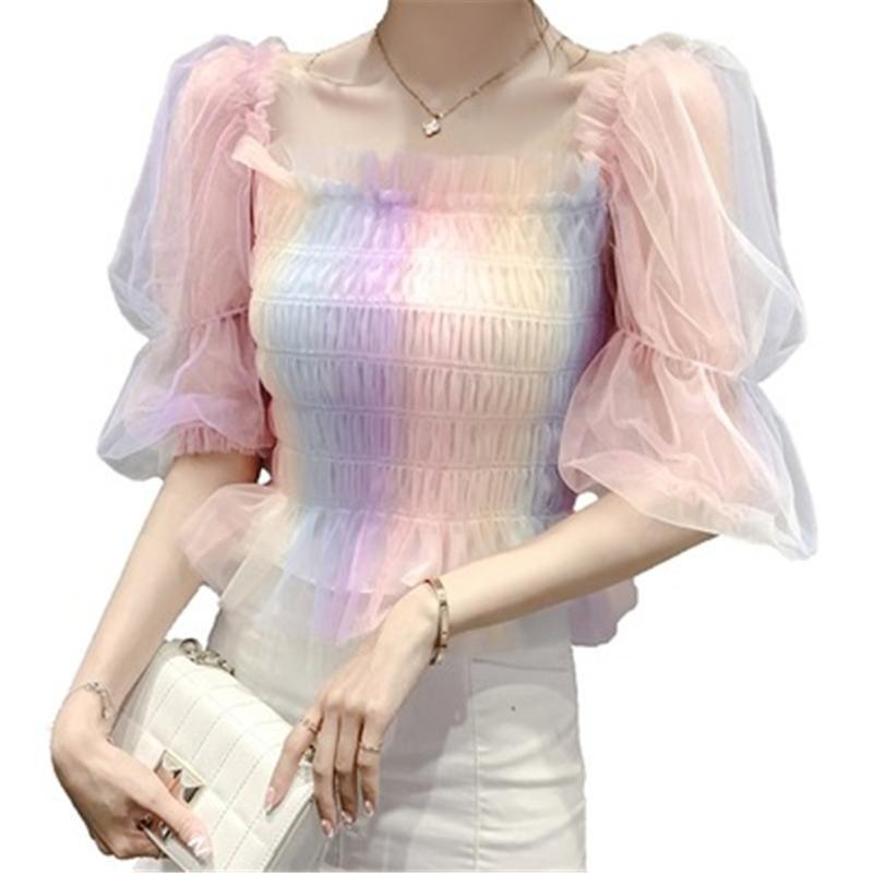 

Women's Blouses & Shirts 2022 Striped Rainbow Stretchy Shirt Summer Sweet Ruffles Slash Neck Cropped Women Mesh Crop Tops For Girls ZY5697, White