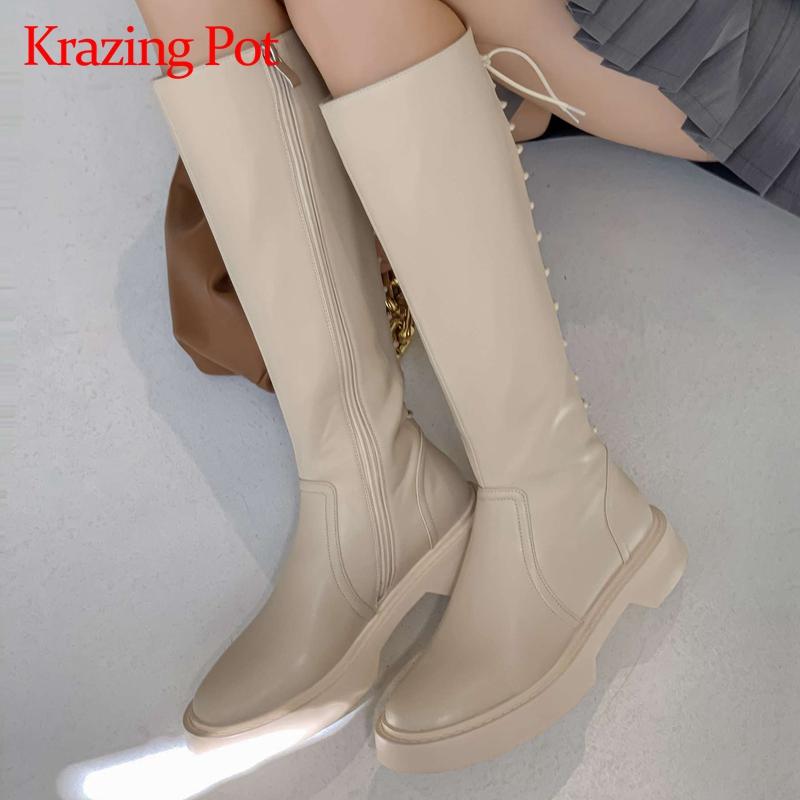 

Krazing pot new genuine leather round toe med heel winter shoes cross-tied Korean street pretty girls dating knee-high boots L02, Beige