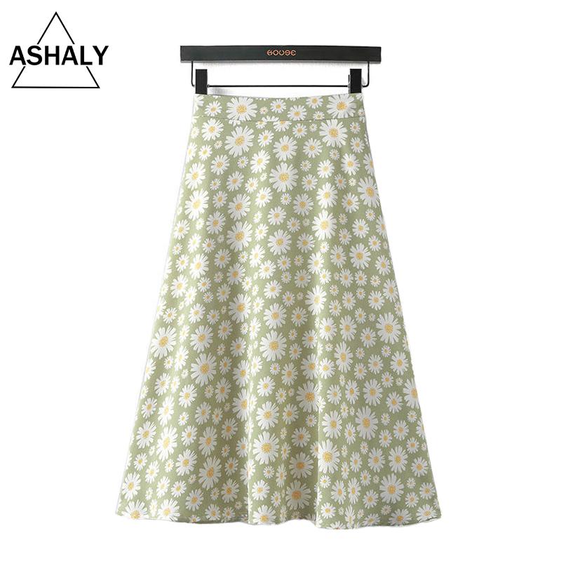 

New Fashion Women' High Waist Small floral chiffon skirt mid-length Elastic Skirt A-line super fairy daisy Autumn, Black