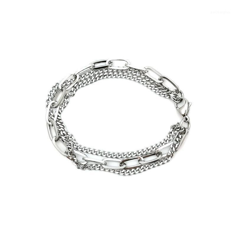 

21cm/18cm/16cm Long Stainless Steel 3 Layer Link Cable Chain And Curb Findings Bracelets Silver Color Oval Multilayer Link,, Black