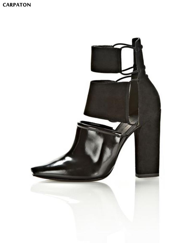 

Carpaton New Women Square Toe High Heels Boots No buckle goat skin and nappa Mixed uppers Fashion Stretch Hanging Hollow pattern, Black