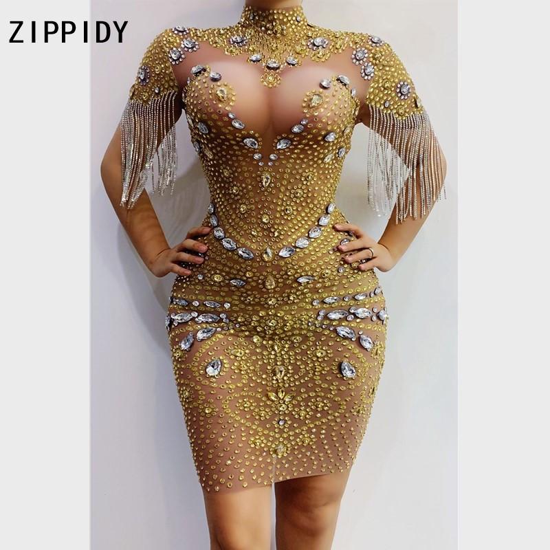 

Gold Silver Rhinestones Fringe Mesh Dress Birthday Celebrate Outfit Bar Female Singer Dance Wear Transparent Prom Dress