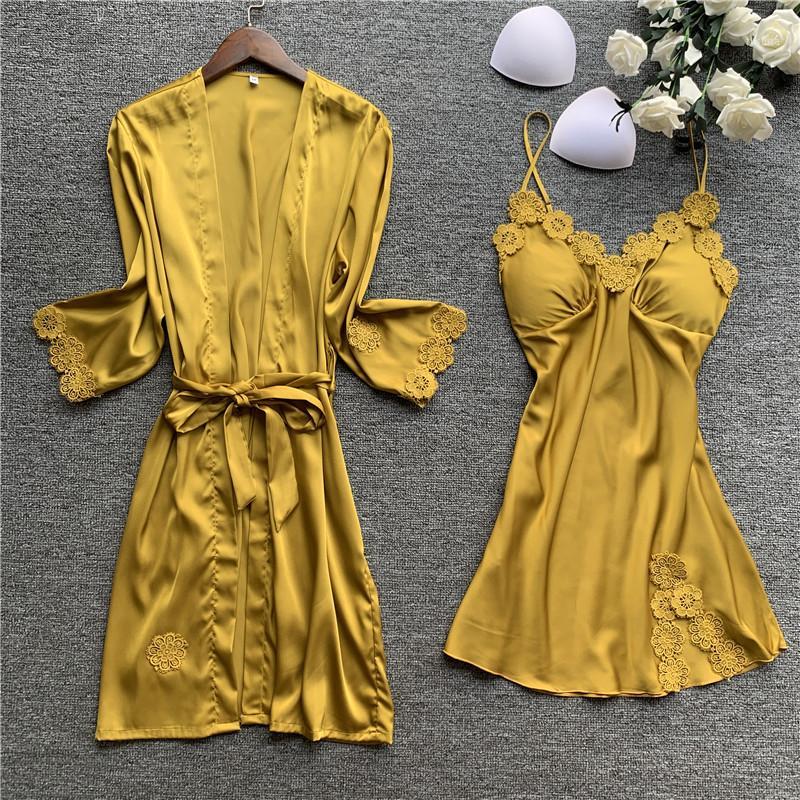

Women Robe Gown Sets 2 Piece Nightdress Bathrobe Summer Sleepwear Female Satin Kimono Silk Robes Sleepwear Lounge Suit1