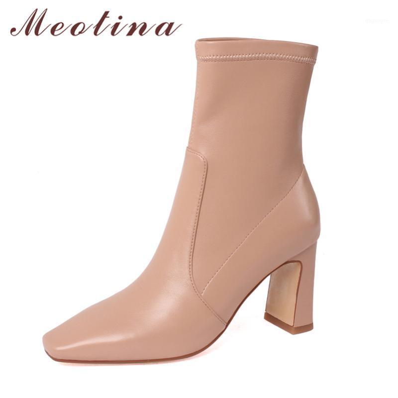 

Meotina Ankle Boots Women Shoes Slip-On High Heel Stretch Boots Square Toe Chunky Heels Lady Short Autumn Winter Black 401, Black synthetic lin