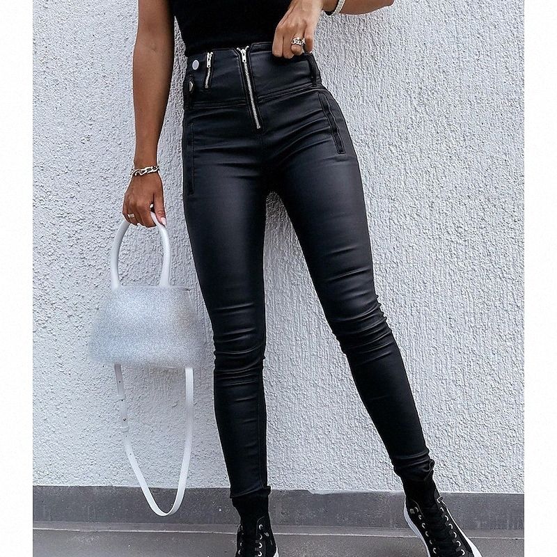 Women's Fashion Leggings Pocket Full Length Pants Daily Weekend Micro-elastic Plain PU Comfort Mid Waist Slim Black S M L XL j4Lp#