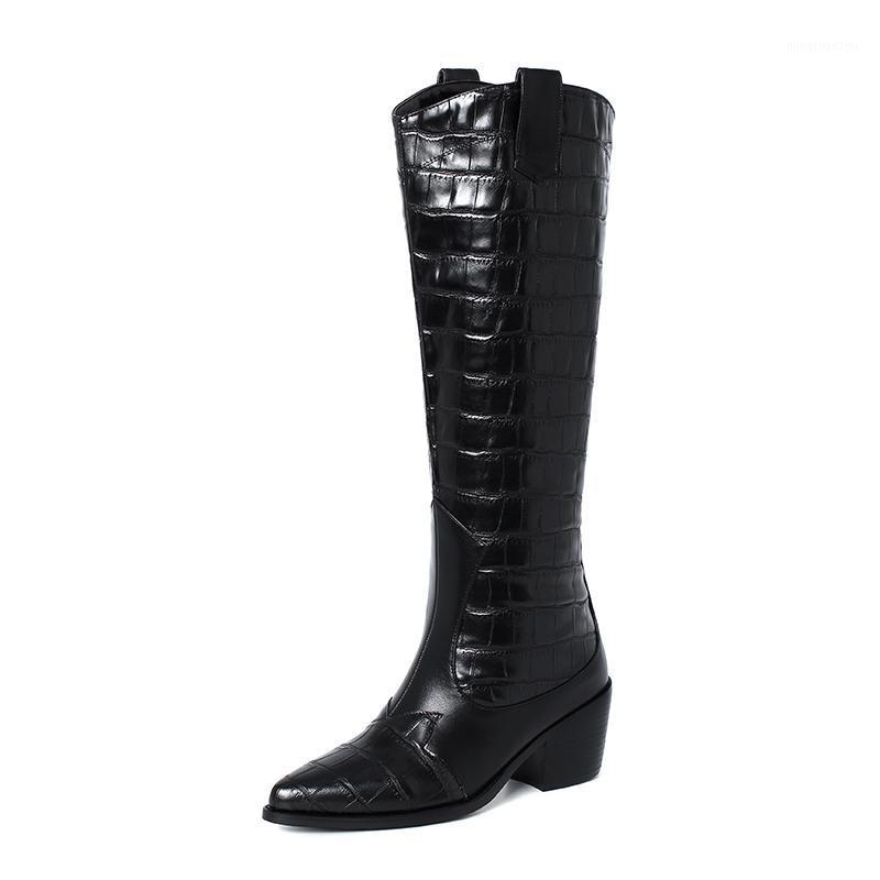 

MKKHOU Fashion Knee-high Boots Women 2020 New Winter Leather Pointy Print Chunky Middle Heel Leather Winter Boot Size 33-421, Black short plush