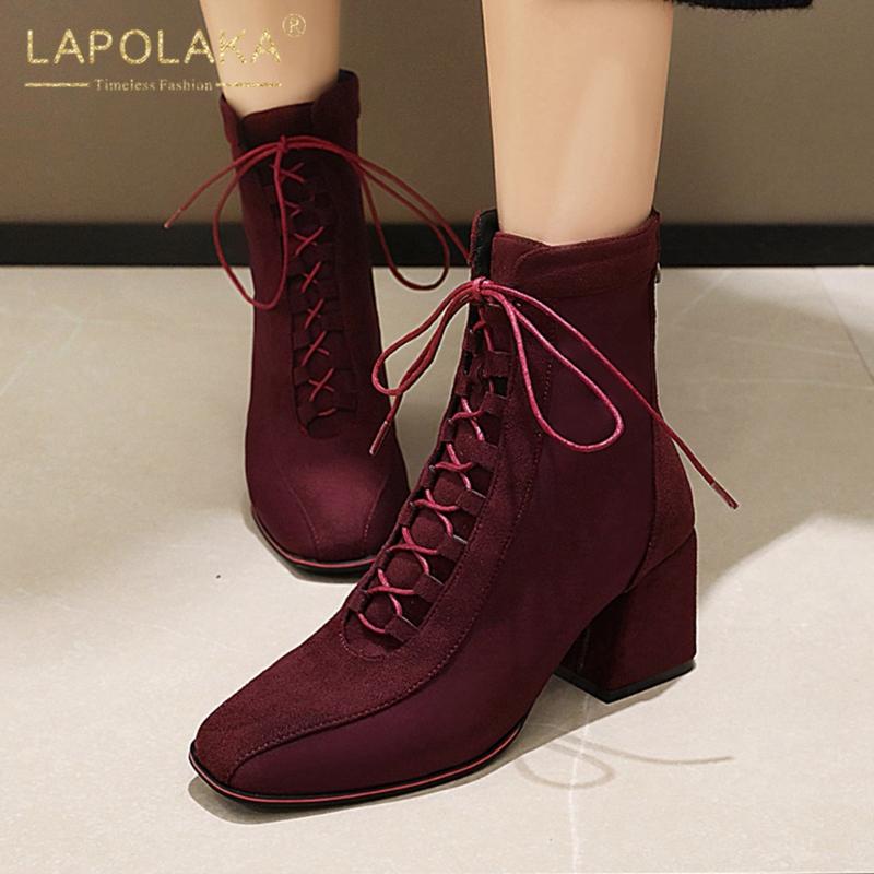 

2020 Plus Size 43 Square Heels Toe Vintage Lace Up Office Lady Autumn Winter Shoes Woman Boots, Black