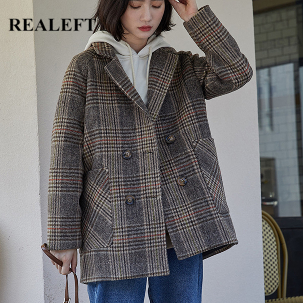 

REALEFT 2020 Vintage Double Breasted Plaid Woolen Blazer New Long Sleeve Turn Down Collar Autumn Winter Women Coat Jacket Female, The picture color