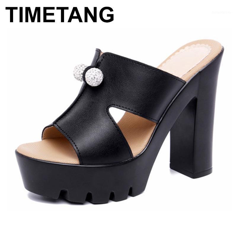 

TIMETANGBig Size 35-42 Heel Block Platform Shoes Women Summer Slippers 2020 Rhinestone High Heels Slippers Ladies Office Slipper1, Black