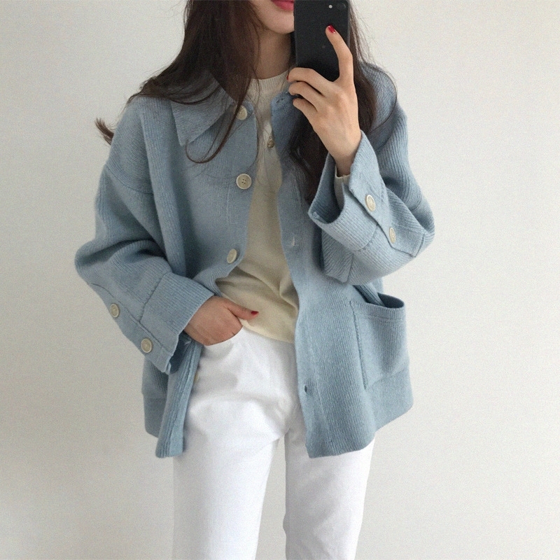 

New cardigan women sweater pure color loose minimalist lapel long sleeve sweater for autumn winter 201030, Beige