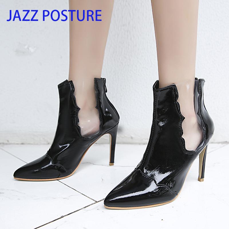 

2020 Plus Size 36-40 Transparent Ankle Boots Women High Heels Shoes Woman Pointed toe Zipper Footwear Wedding boots z241, Black