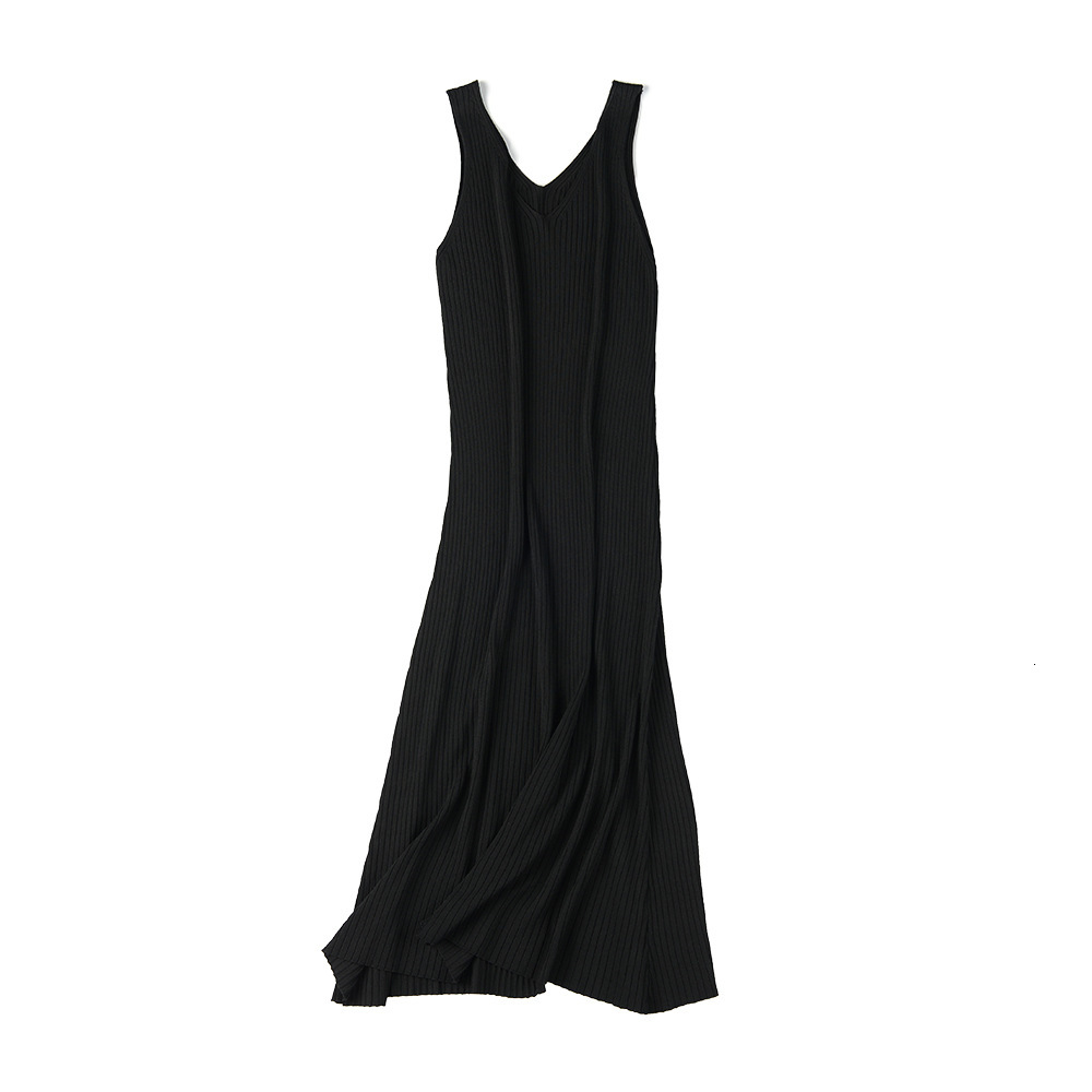 

2021 New Spring Summer Knit Tank Long Korean Style Knitting v Neck Sleeveless Vest Thin Loose Women Casual Dress Vx7k, Black