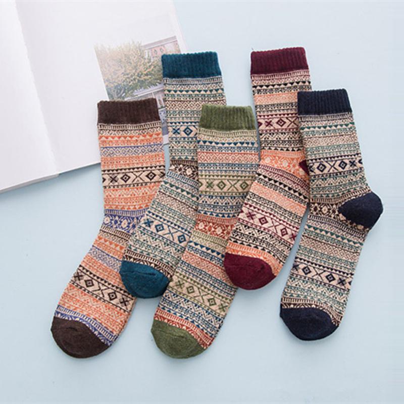 

5 pair Mens Vintage Ethnic Woolen Warm Long Socks Checked Striped Geometric Ribbed Knit FB, 01