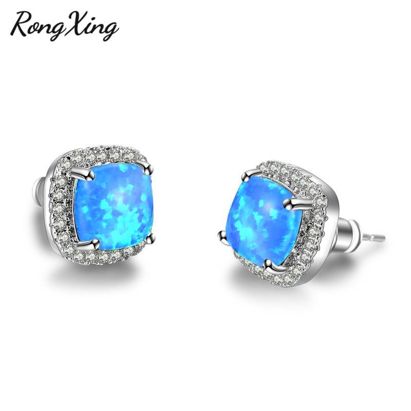 

RongXing Blue Fire Opal Stud Earrings For Women Silver Color Square Birthstone Rainbow Stone Earrings Gift Ear0663
