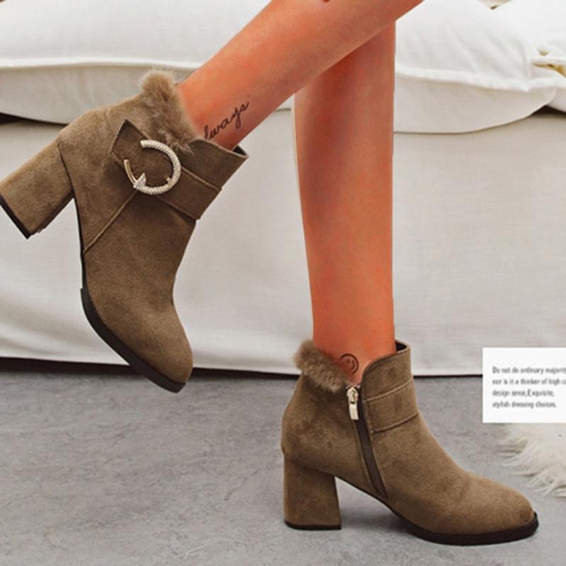 

shoes woman winter warm fur Women's Fashion Platforms Winter Flock Square Heels Pointed Toe Crystal Boots#41, Khaki