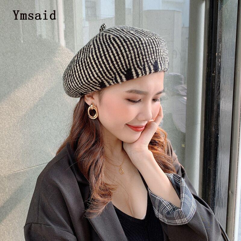 

Berets Fashion Autumn Winter Women Stripe Warm Wool Blended Knitted Beanie Hats French Artist Painter Hat Female Cap Gift, Pink