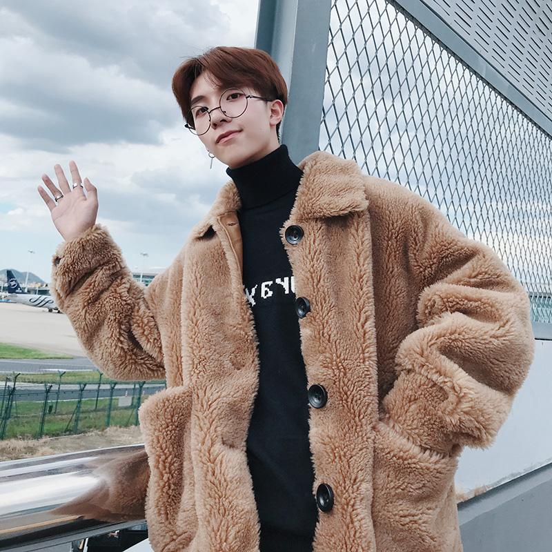 

Korean streetwear winter short warm fleece lamb wool coat men's plush jacket casual loose jacket Overcoat Fashion Outwear Tops, Black