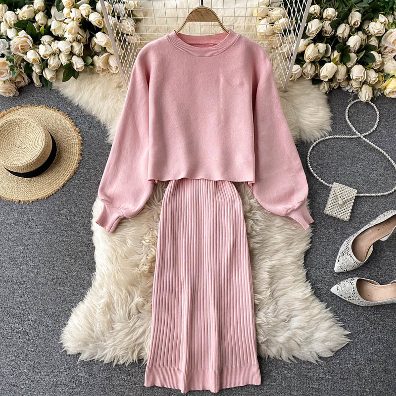 

2021 New Solid female wrapped mesh elastic sheath dress fall neck puff knitting tops dressed in parts C83X, Pink