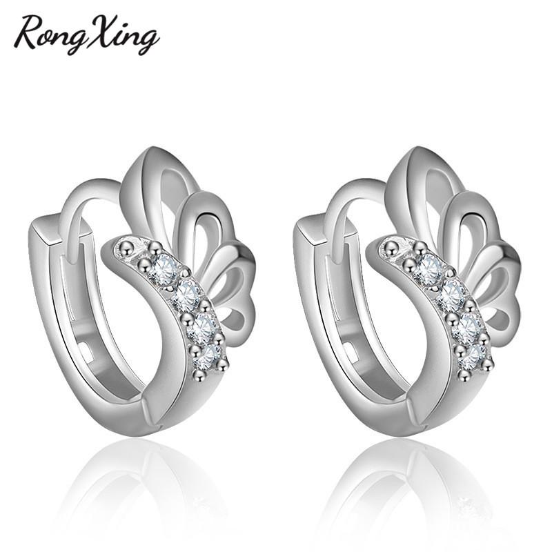

RongXing Unique Butterfly Hoop Earrings For Women Rose Gold Filled White Zircon Birthstone Earrings Bridal Cute Animal Jewelry