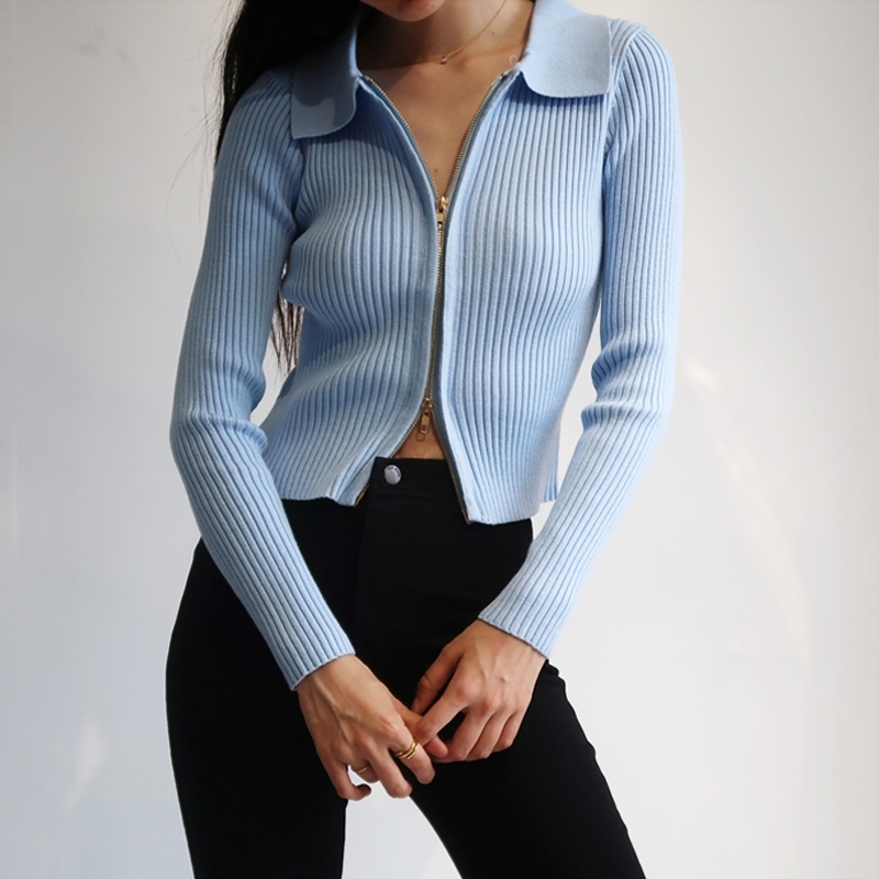 

Women Dual Zipper Ribbed Sweater Shirt Cropped Knit Cardigans 210204, Yellow