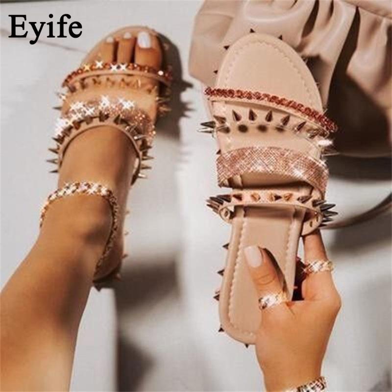 

Women Flat Sandals Summer New Rivet Rhinestones Slip On Ladies Comfy Beach Sandals Larged-Size 35-43 Female Slippers, Black