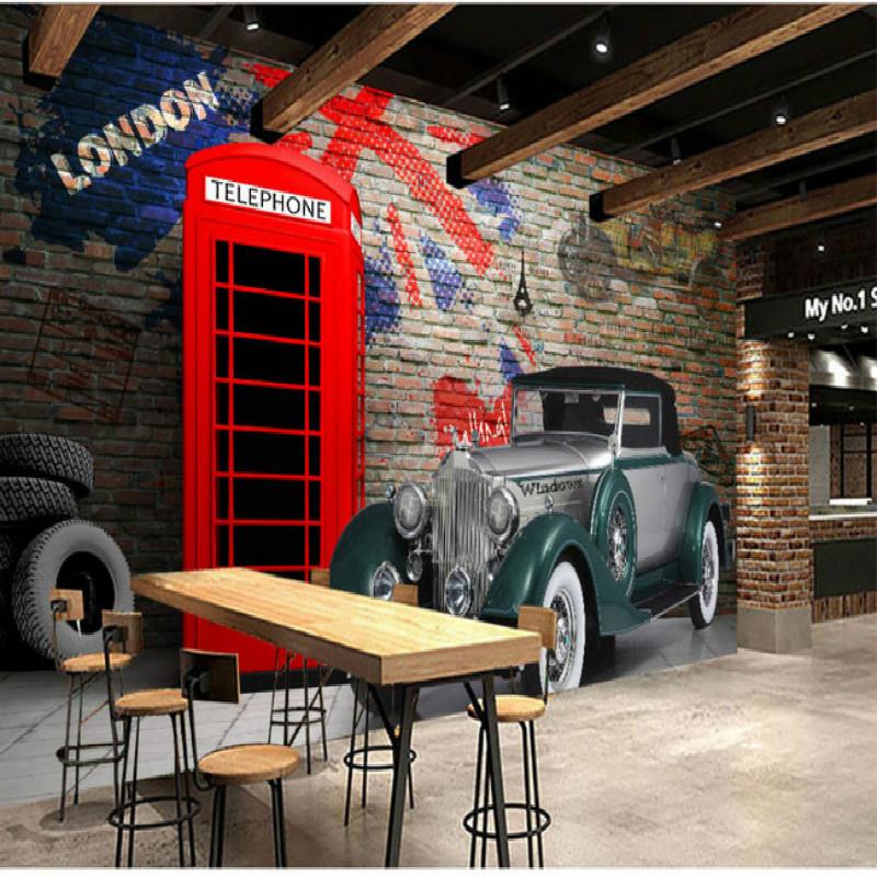 

British Phone Booth Vintage Classic Car Brick Wallpaper 3D Restaurant Bar Cafe Industrial Decor Wall Paper 3D Murals Wall Cloth, Embossment paper