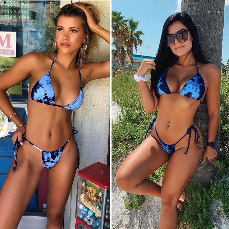 

Sexy Triangle Bikini Set Tie Dye Side Tie G-String Thong Sexy Swimsuit Holiday Beach Wear1