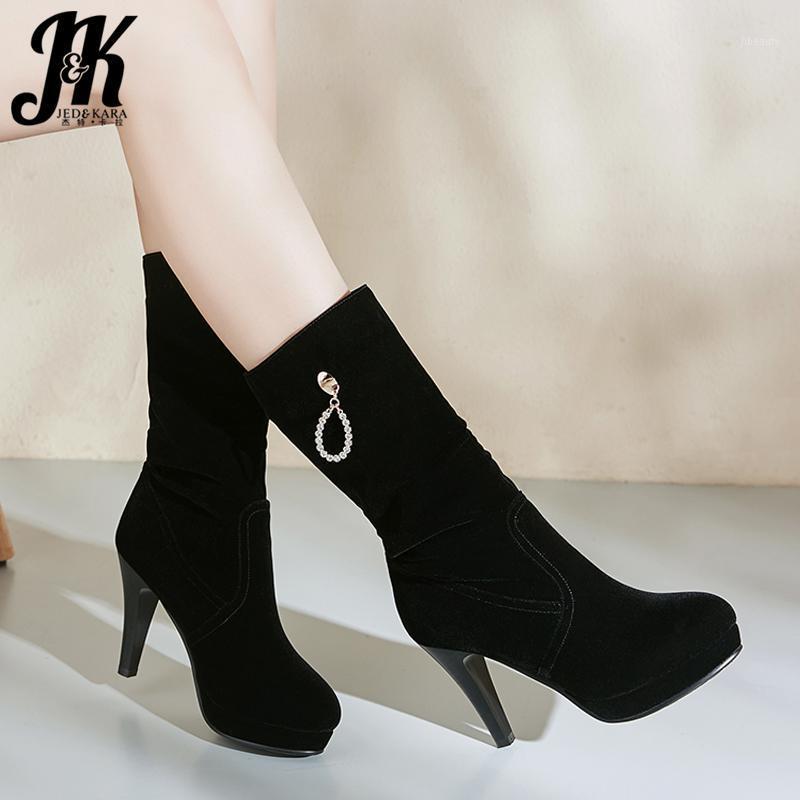 

JK Distressed Boots Women Mid-Calf Boot Ladies High Heels Shoes Female Round Toe Crystal Shoes Female Platform Winter1, Black