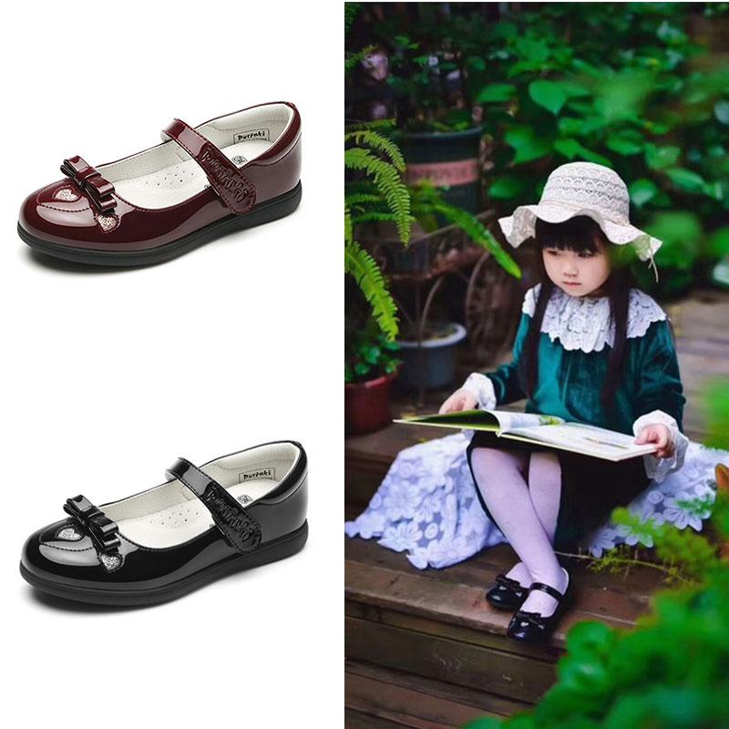 

New Girls PU Leather Shoes Princess Fashion Love Bowknot Flat With Black School Shoes For Girls Rhinestone Dress Shoe Wine Red