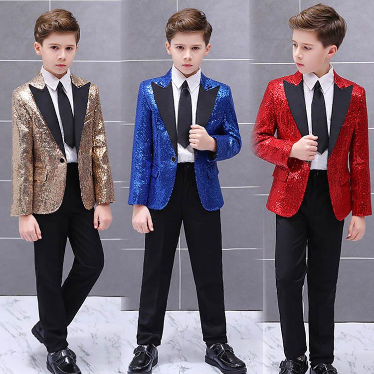 

2020 Fashion Gold Prom Party Suits for Boy Shiny Stage Performance Boys Tuxedo Kid Formal Wedding Blazer with Pants set 2 pieces, Silver